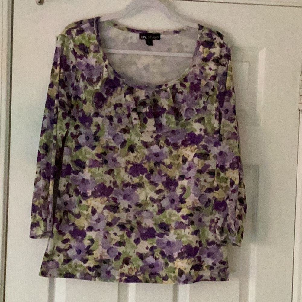 I.N. Studio Purple and Green Fitted 3/4 Sleeve Blouse